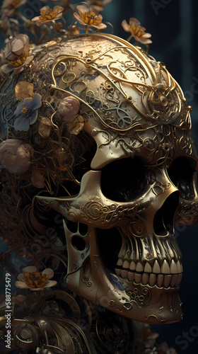 Golden mechanical patterned flower skull  Generated Ai 