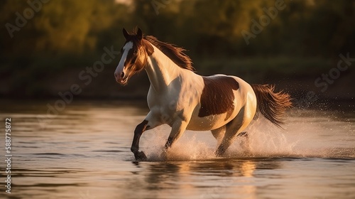 a horse jumping up into the air near trees and grass