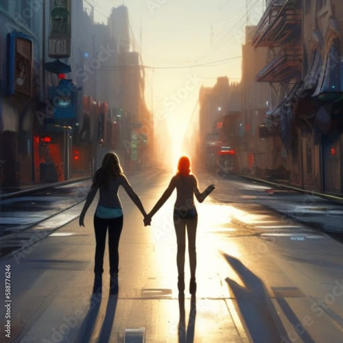 Girls holding hands walking on empty city street into the sunset, generavite ai