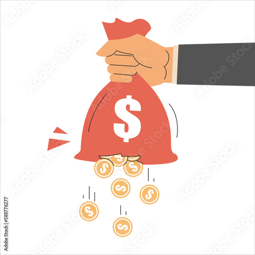 Hand holding torn money bag vector isolated. Golden coins falling out of the red money bag. Concept of financial crisis, debt and high tax.