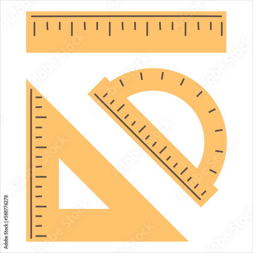 Yellow rulers set vector isolated. Collection of school supplies, length and angle measurement equipment. Protractor and triangle ruler. Back to school.