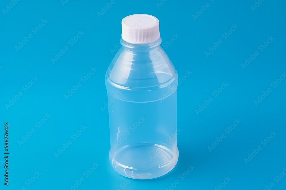 Plastic bottle on blue background, high angle. Generative AI Plastic bottle on blue background, high angle. Generative AI