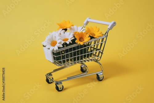 Mini shopping cart with flowers on yellow background. Generative AI