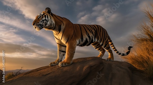the tiger is looking into the distance while standing on dirt