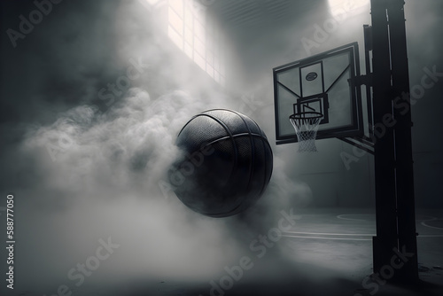 Basketball on court floor close up in smoke, Generative AI 8 © Alina