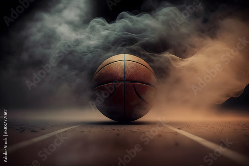 Basketball on court floor close up in smoke, Generative AI 7