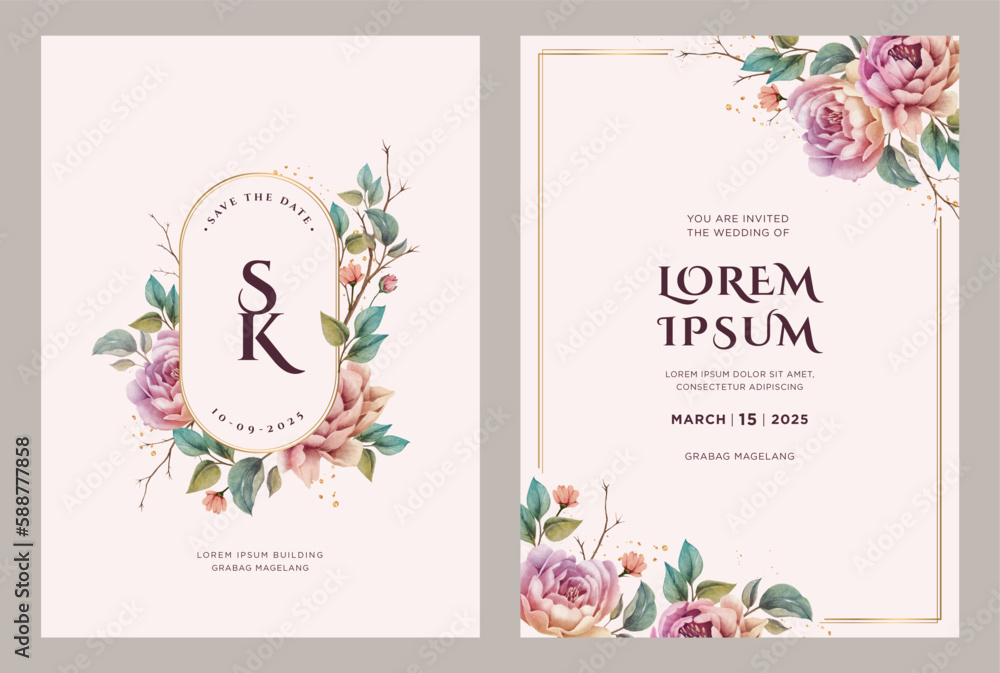 Wedding invitation card with peonies flowers - obrazy, fototapety, plakaty 