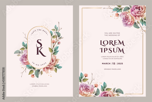 Fototapeta Wedding invitation card with peonies flowers