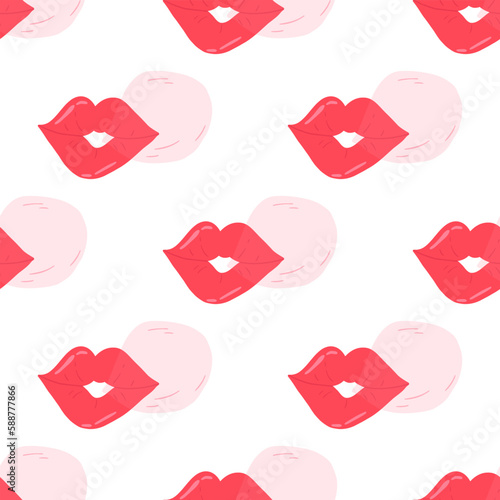 Red lips blowing bubble gum, hand drawn seamless pattern - flat vector illustration on white background. Valentine's day and love concepts. Great for wrapping paper and textile. Surface design.