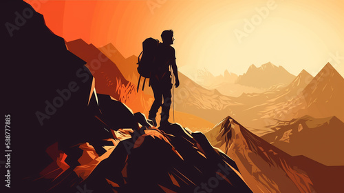 silhouette illustration of a traveler in the mountains with a heavy backpack, sunset