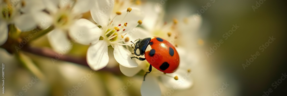 Ladybug with black eyes in macro. Super macro photo of insects and bugs. Ladybug on white flower. digital ai art Ladybug with black eyes in macro. Super macro photo of insects and bugs. Ladybug on white flower. digital ai art