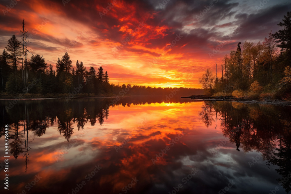 Generative ai stunning majestic red sunset panorama on lake