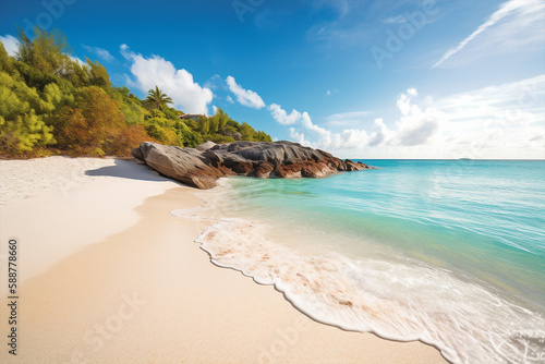 Generative ai untouched wild rock sandy beach with azure ocean