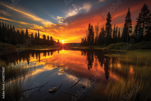 Generative ai stunning majestic red sunset panorama on lake
