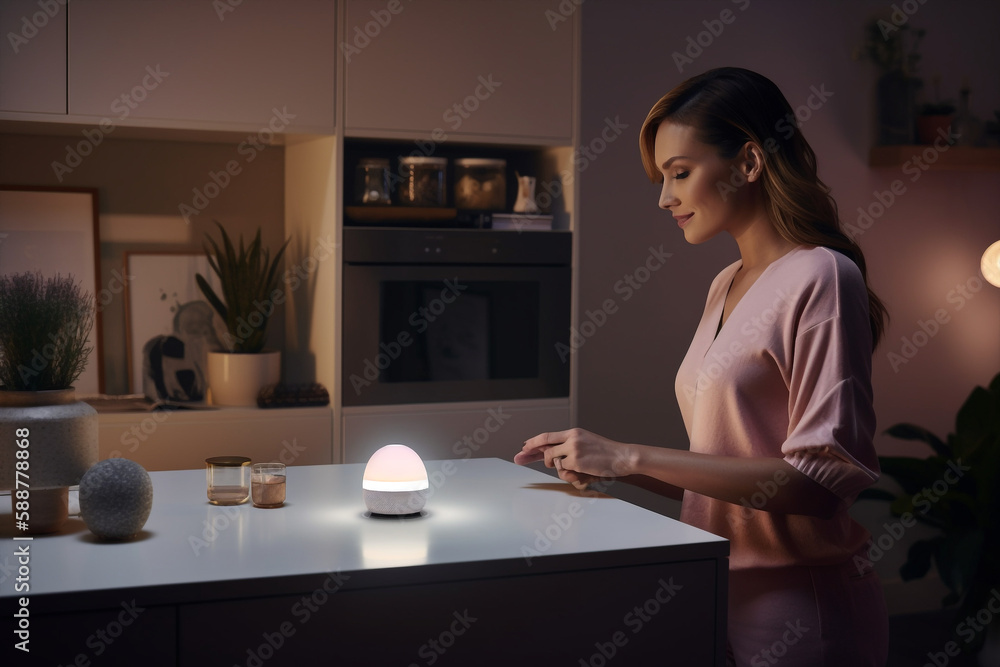 Generative ai woman indoors interacting with home assistant speaker ... Circuit Diagram