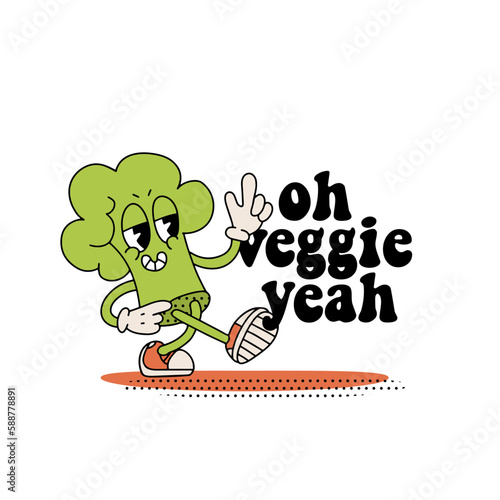 Oh veggie yeah - motivation quote card, banner, poster with retro cartoon chracters of vegetables. Motivational healthy lifestyle typographic phrase. Hand rdawn vector contour illustration.