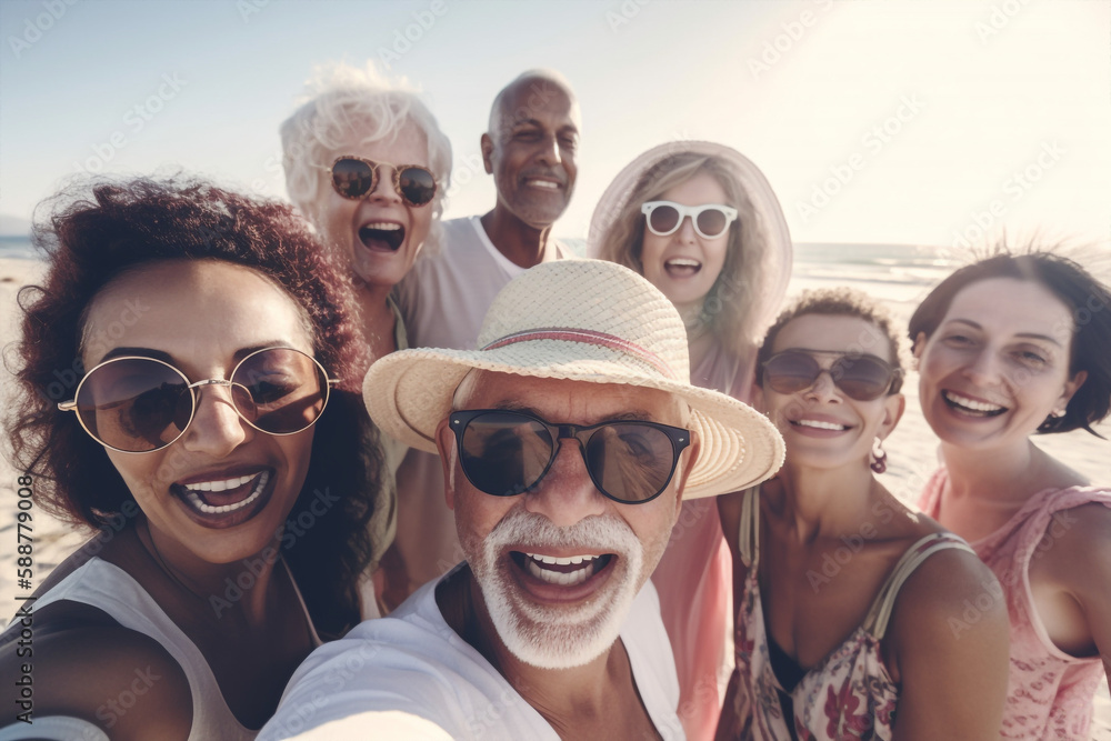 Generative ai senior adult happy smiling group multiethnic women taking selfie