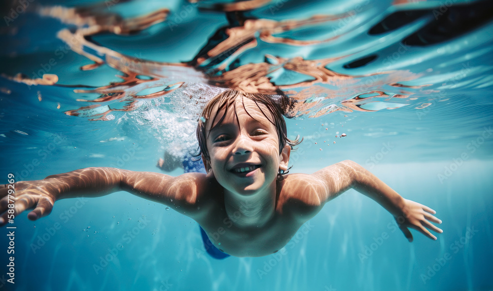 Fototapeta premium Happy boy swimming underwater in a swimming pool by generative AI