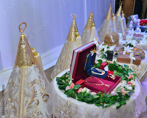 Moroccan Tyafer, traditional gift containers for the wedding ceremony, decorated with ornate golden embroidery.Moroccan henna .Moroccan wedding gifts for the bride.