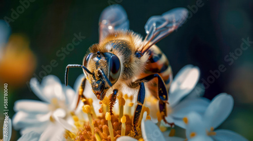Abeja tomando el nectar de miel en una flor, tecnica de macrofotografia © PolacoStudios