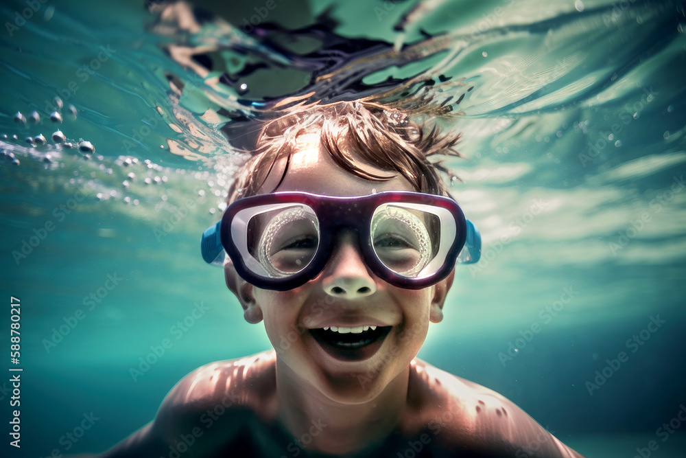 Happy boy underwater wearing goggles in a swimming pool by generative AI