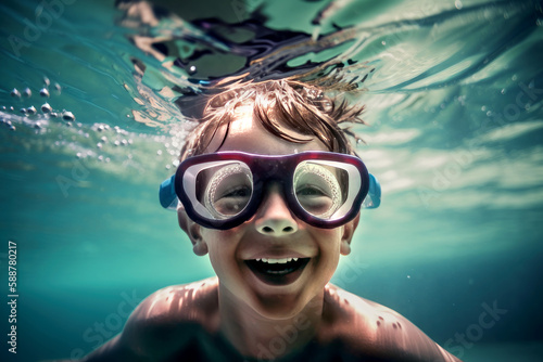 Happy boy underwater wearing goggles in a swimming pool by generative AI