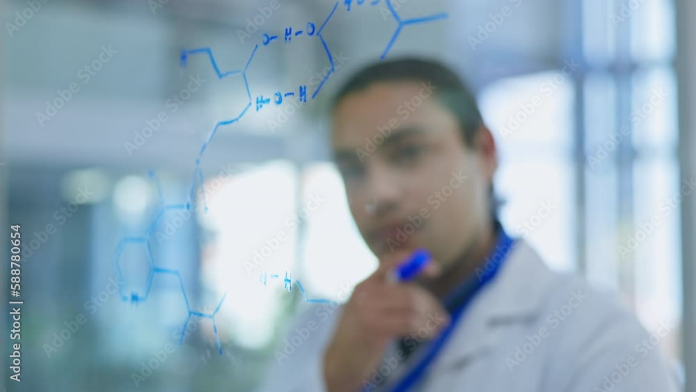 Glass, research and man with dna, formula and planning for experiment, chemical compound and ideas for development. Male employee, scientist and researcher brainstorming, thinking and chemistry test Glass, research and man with dna, formula and planning for experiment, chemical compound and ideas for development. Male employee, scientist and researcher brainstorming, thinking and chemistry test
