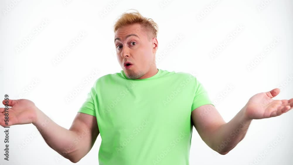 Dont know, confused and shrugging with man for puzzled, problem and not knowing the solution. Uncertain emotion and guy gestured forgot and not sure in studio isolated on white background