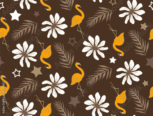 Abstract Hand Drawing Tropical Concept Flamingos Leaves Flowers and Stars Seamless Vector Pattern Isolated Background 