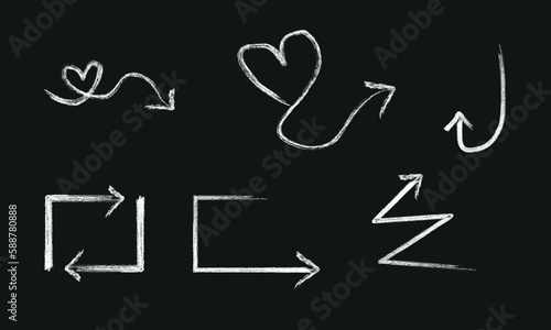 Arrow chalk vector set. Vector hand drawn arrows icons set on the blackboard. Abstract vector illustration.