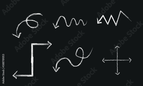 Arrow chalk vector set. Vector hand drawn arrows icons set on the blackboard. Abstract vector illustration.