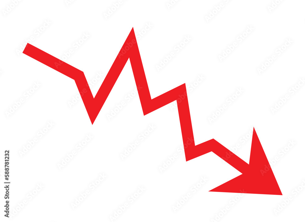 Red arrow going down stock icon on white background. Decrease, Bankruptcy, financial market crash icon for your web site design, logo, app, UI. graph chart downtrend symbol.chart going down sign. Red arrow going down stock icon on white background. Decrease, Bankruptcy, financial market crash icon for your web site design, logo, app, UI. graph chart downtrend symbol.chart going down sign.