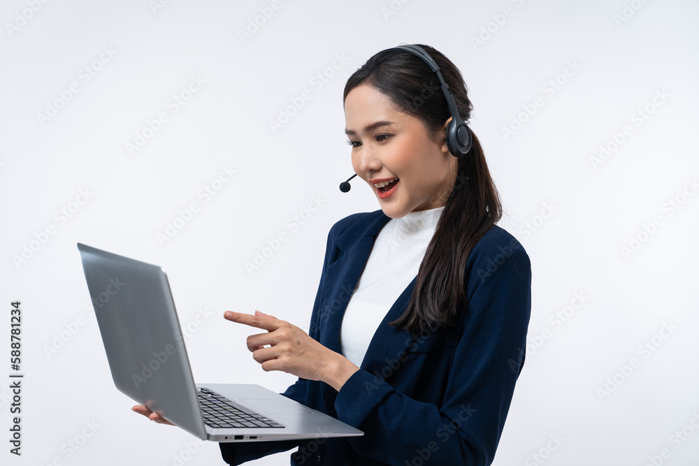 Happy young Asian operator woman agent with headsets working in a call center using laptop computer isolated on white background. Happy young Asian operator woman agent with headsets working in a call center using laptop computer isolated on white background.