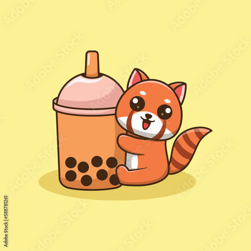 Vector Cute Red Panda Hugging Boba Illustration. Kawaii Animal and Drink Cartoon Character Design For Banner, Poster, Icon, and Mascot