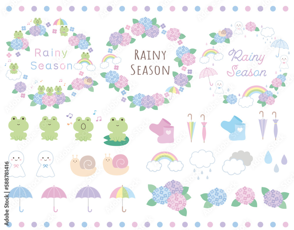 梅雨の季節のフレームとかわいいあじさいやかえるなどのイラスト素材セット