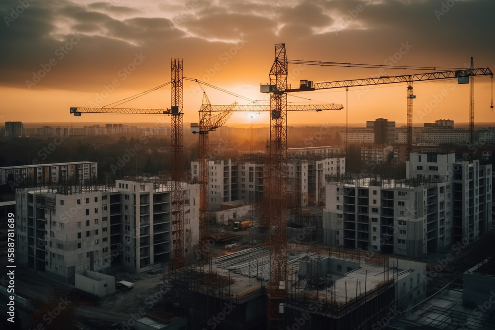 Construction site at sunset, showing towering buildings in various stages of construction, surrounded by cranes and heavy equipment.Ai generated Construction site at sunset, showing towering buildings in various stages of construction, surrounded by cranes and heavy equipment.Ai generated