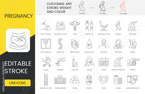 Pregnancy and childbirth line icon set in vector, illustration of family planning center, prenatal diagnosis and embryo in uterus, toxicosis and vaccination, examination. Editable stroke.