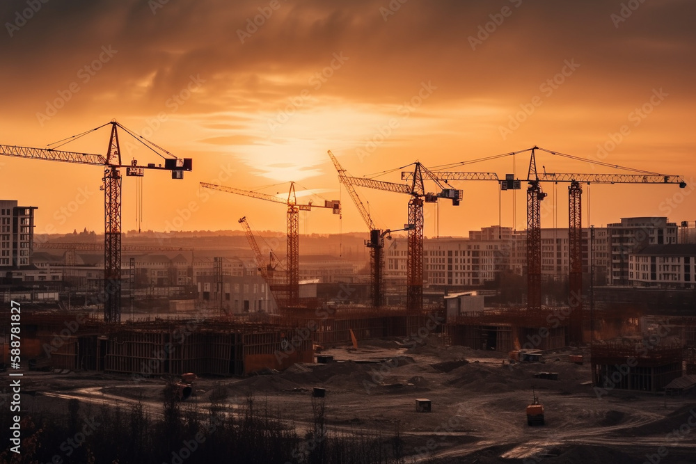 Construction site at sunset, showing towering buildings in various stages of construction, surrounded by cranes and heavy equipment.Ai generated