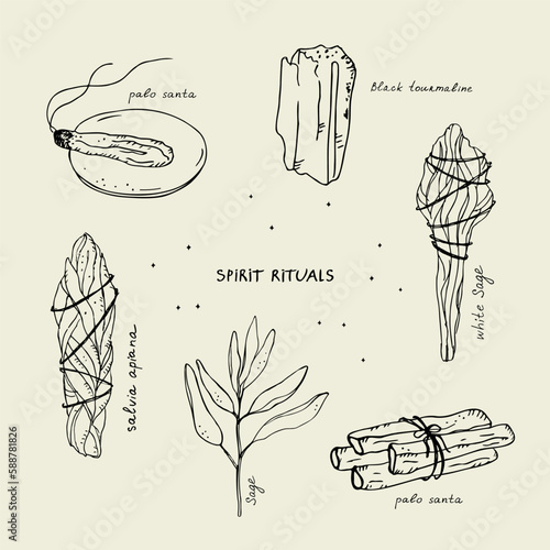 Spiritual rituals. Illustration with sage, Palo Santo sacred plant, tourmaline, aromatherapy sticks, fumigating plants.Lifestyle. Mystical hand-drawn set with handwritten names of objects.