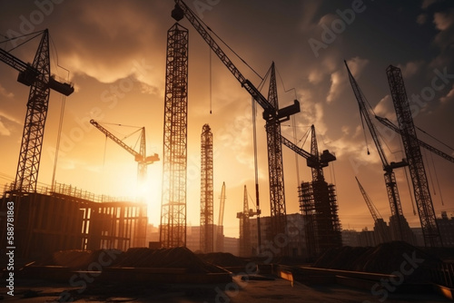 Construction site at sunset, showing towering buildings in various stages of construction, surrounded by cranes and heavy equipment.Ai generated photo