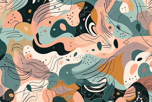 Seamless pattern with watercolor spots and abstract shapes. Hand drawn illustration