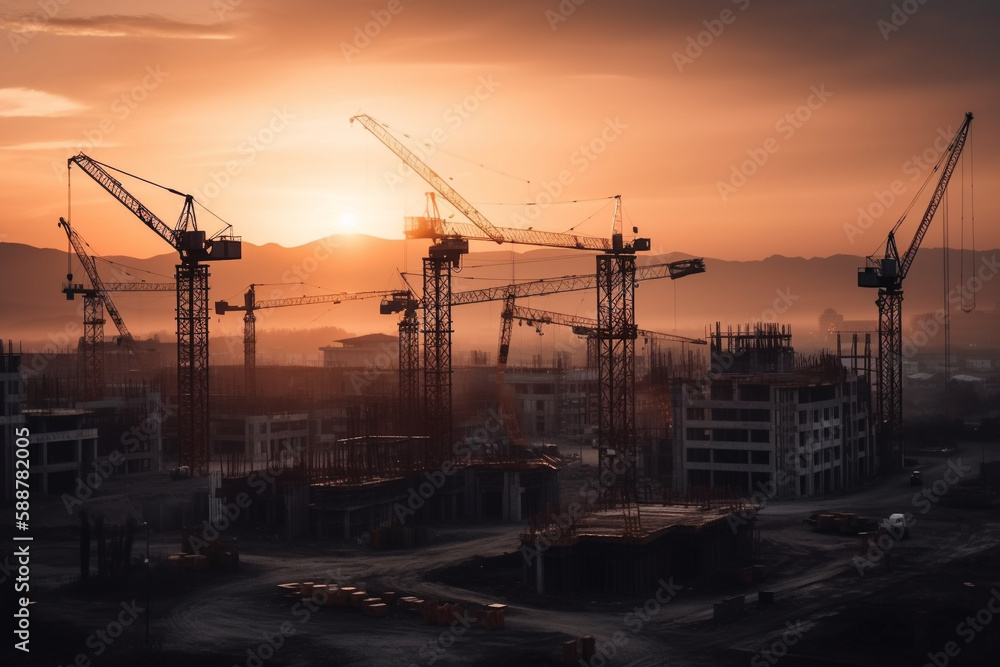Construction site at sunset, showing towering buildings in various stages of construction, surrounded by cranes and heavy equipment.Ai generated Construction site at sunset, showing towering buildings in various stages of construction, surrounded by cranes and heavy equipment.Ai generated