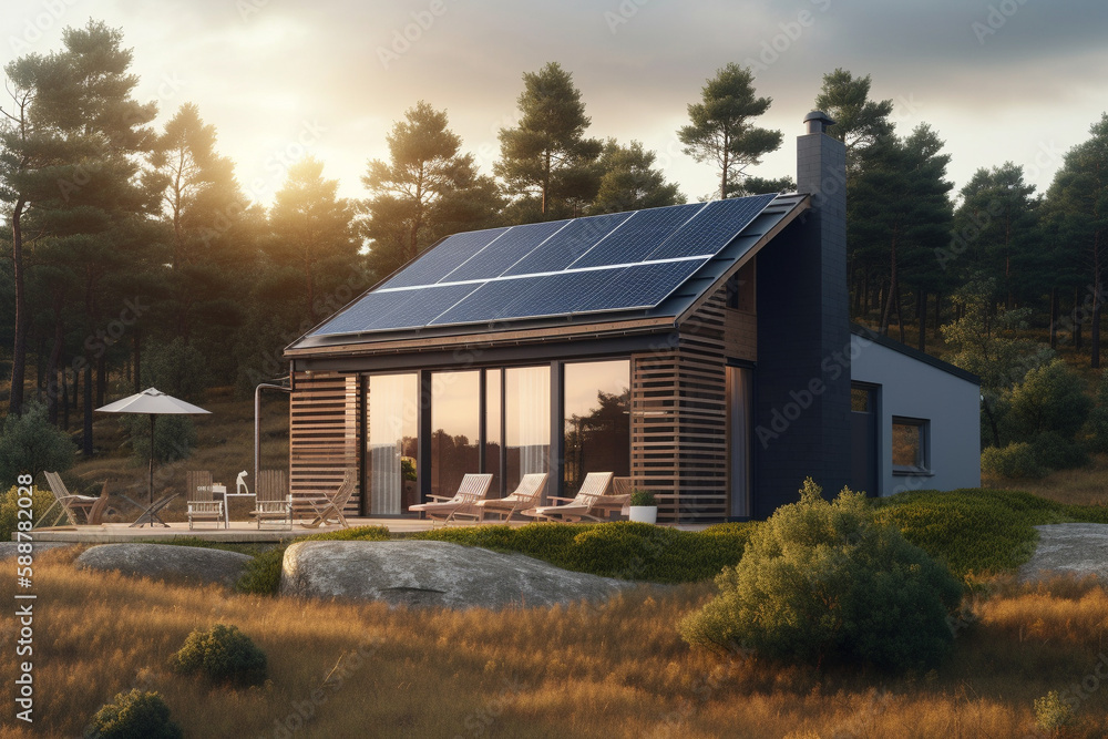 Obraz premium Residential homes powered by renewable energy sources such as solar panels and wind turbines. Ai generated..