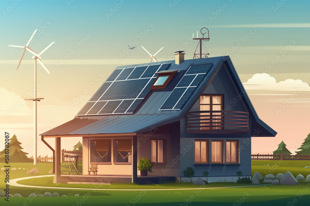 Residential homes powered by renewable energy sources such as solar panels and wind turbines. Ai generated.. Residential homes powered by renewable energy sources such as solar panels and wind turbines. Ai generated..