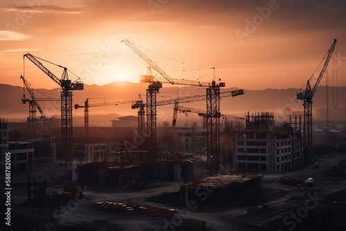 Construction site at sunset, showing towering buildings in various stages of construction, surrounded by cranes and heavy equipment.Ai generated