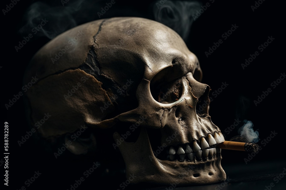 Human skull with a cigarette in its mouth, representing the dangers of smoking and the toll it takes on the human body. Ai generated.. Human skull with a cigarette in its mouth, representing the dangers of smoking and the toll it takes on the human body. Ai generated..