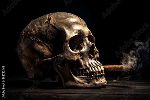 Human skull with a cigarette in its mouth, representing the dangers of smoking and the toll it takes on the human body. Ai generated..