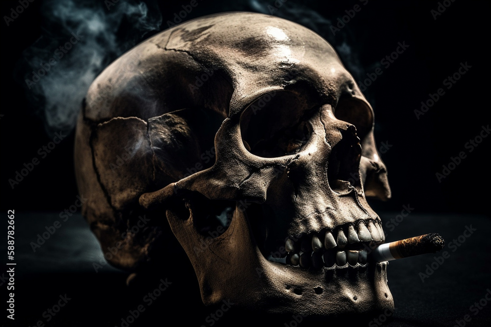 Human skull with a cigarette in its mouth, representing the dangers of smoking and the toll it takes on the human body. Ai generated.. Human skull with a cigarette in its mouth, representing the dangers of smoking and the toll it takes on the human body. Ai generated..