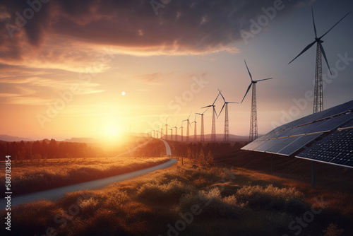 Fields with solar panels and wind turbines at sunset, showcasing the beauty of renewable energy. Ai generated