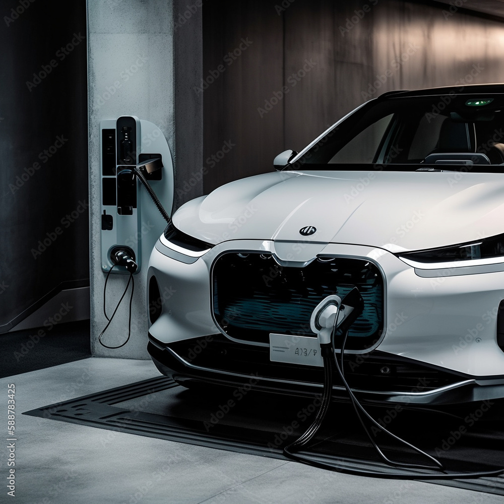 Electric vehicle (EV) connected to a charging station, representing the future of sustainable transportation. Ai generated